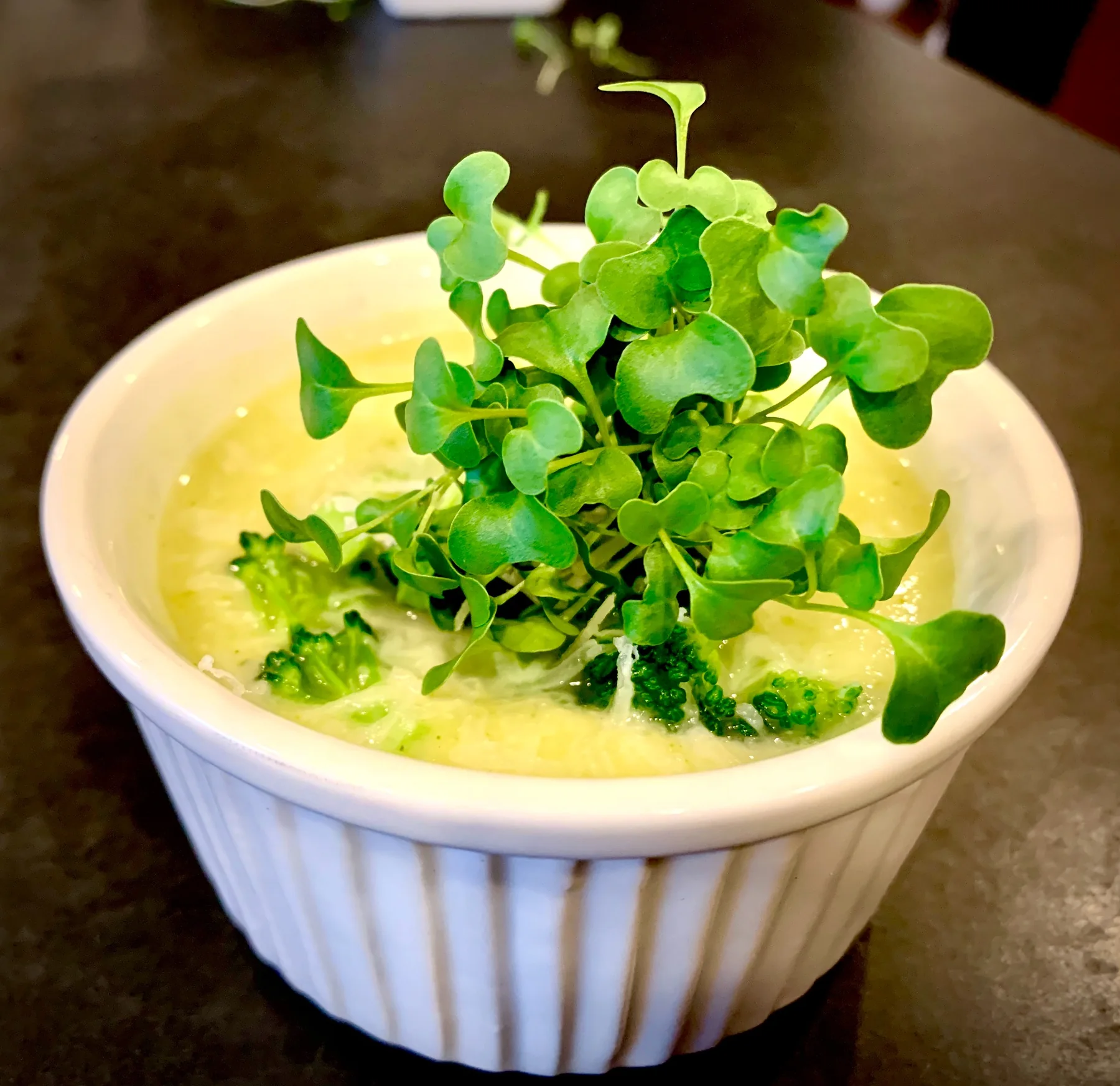 Creamy broccoli dish topped with broccoli microgreens